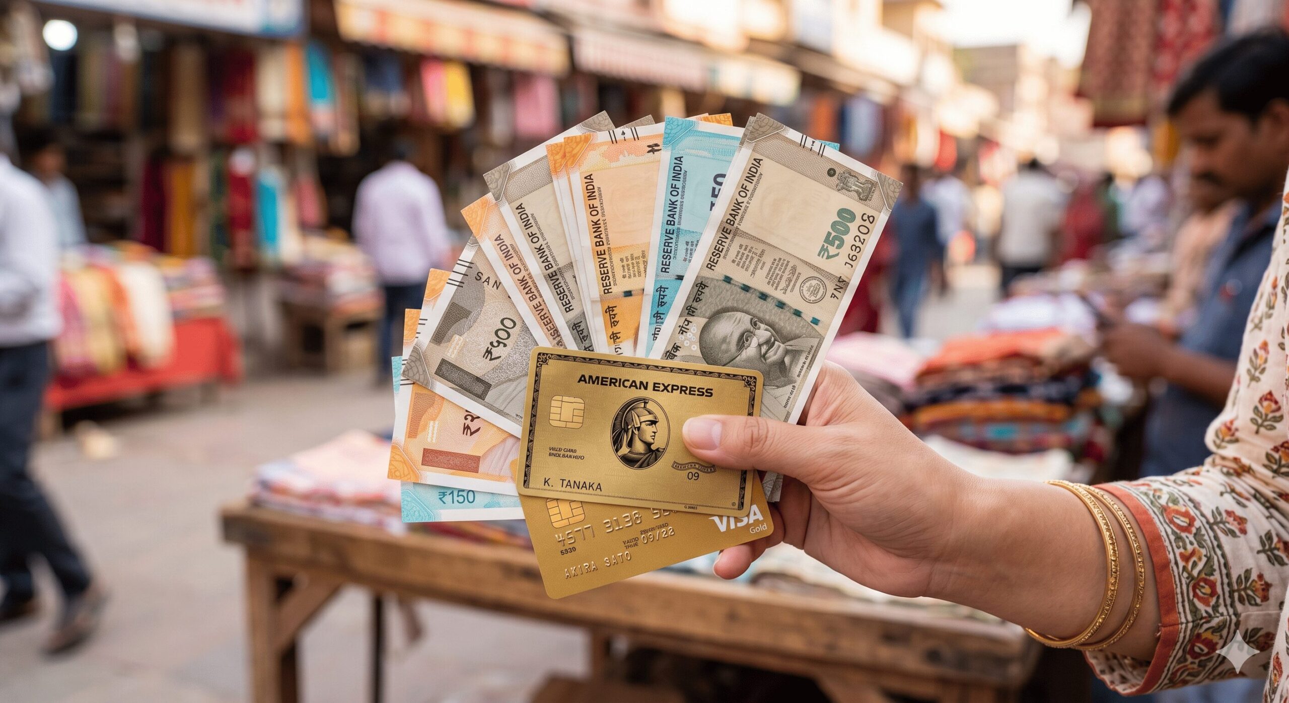 インドの市場で200・500ルピー紙幣とVISA・American Express ゴールドカードを併用するキャッシュ管理のイメージ