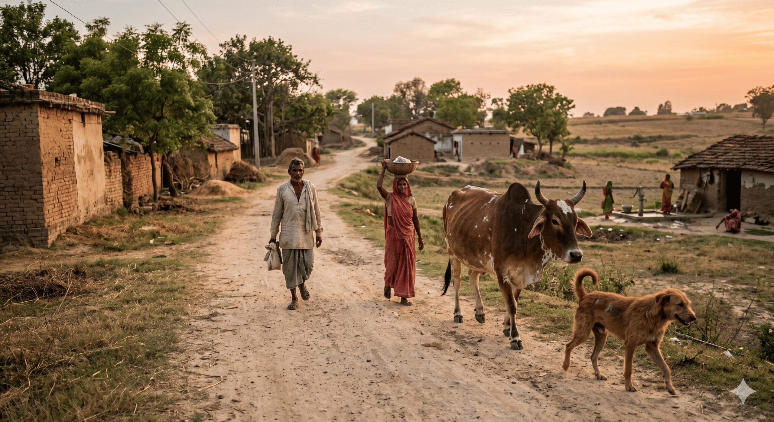 南インドの村で牛と野良犬と人間が同じ道を歩く夕暮れの風景